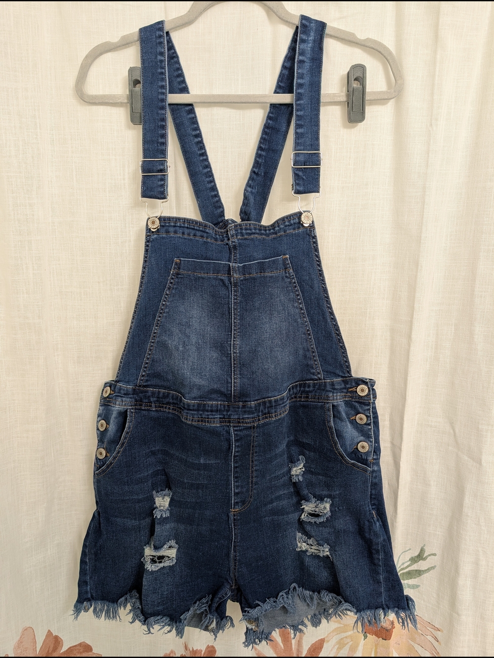 Distressed Denim Overall Shorts Women’s XXL Raw Hem Stretch Jean Romper